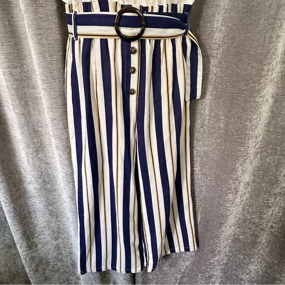 E & M White Blue and Mustard Striped Belted Overall Jumpsuit Women's Size L - Picture 12 of 14